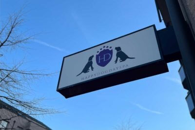 Enseigne de spa pour chiens sur fond bleu.