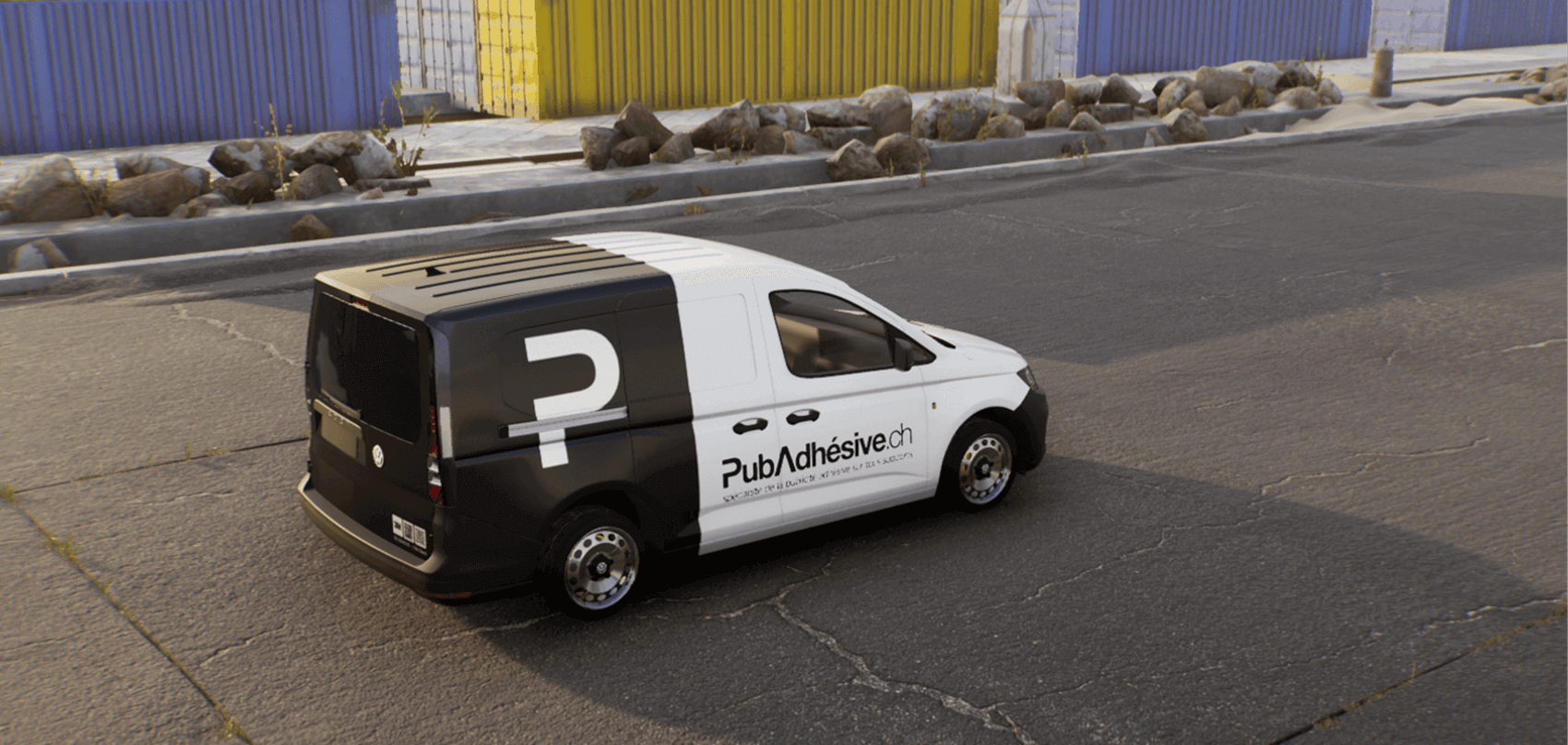 Camionnette avec le logo PubAdhesive garée sur un parking avec des conteneurs en fond de l'image