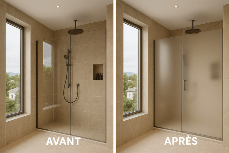 Avant et après rénovation d'une douche moderne.