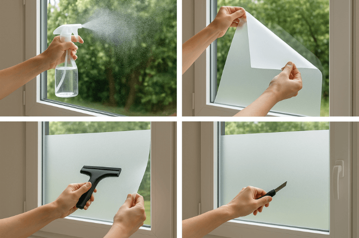 Étapes d’installation d’un film occultant fenêtre : nettoyage de la vitre au spray, application du film adhésif dépoli, marouflage à la raclette et découpe des bords pour un rendu opaque et sans bulles.