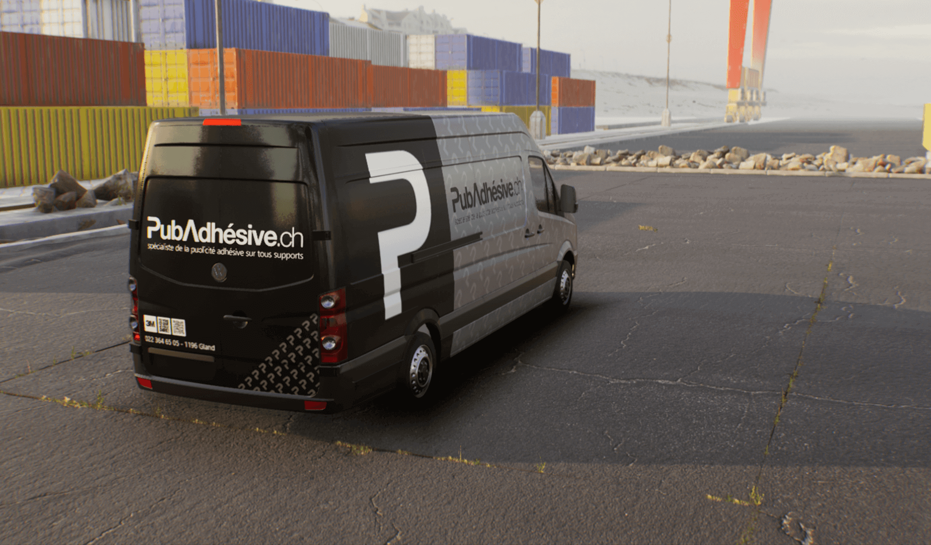 Camionnette noire de publicité adhésive.
